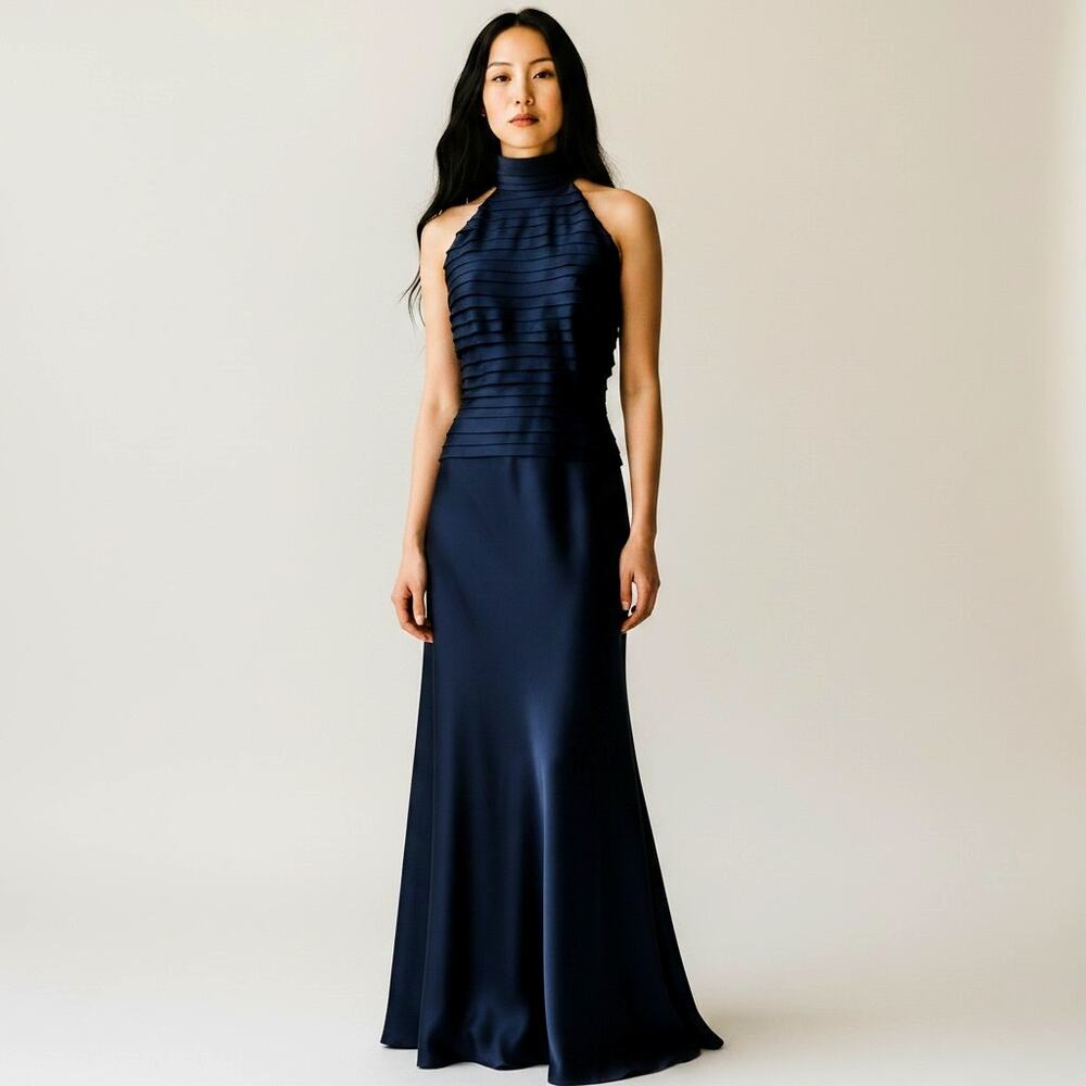 Tadashi Shoji Navy Halter Maxi Gown
